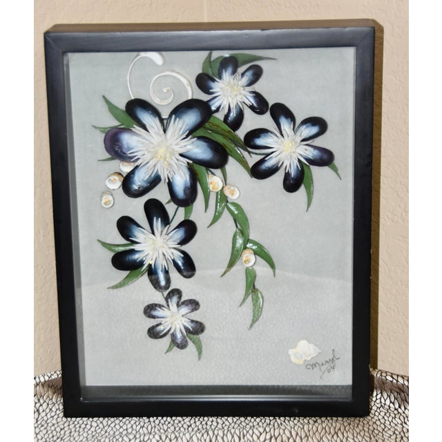 Blue Shadow Box With Flower Sea Shell Art by Meryl Mote, Signed For Sale - Image 8 of 8