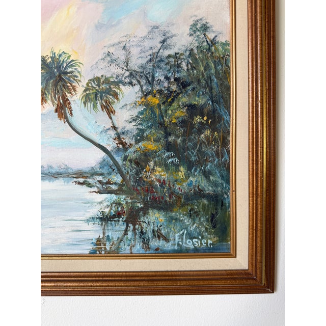 Blue Vintage W. Flosier Tropical Florida Highwaymen Style Oil on Masonite Board – Framed For Sale - Image 8 of 16