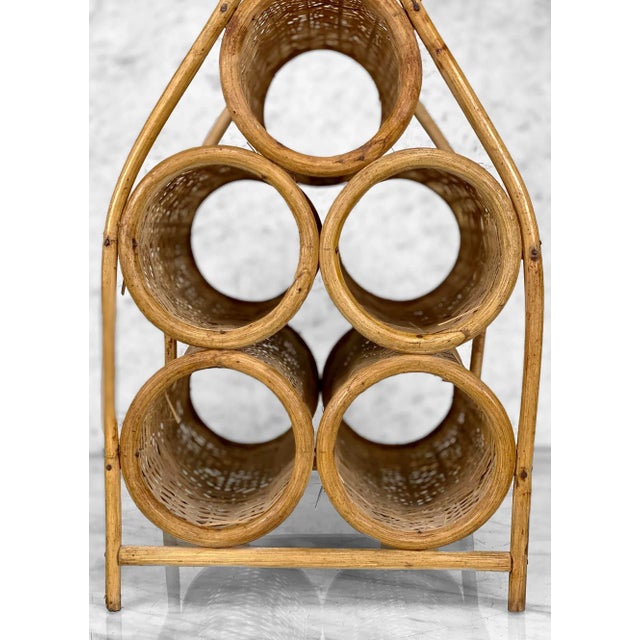 Vintage Boho Coastal Rattan Wicker Sculptural Wine Bottle Rack Holder For Sale - Image 6 of 13