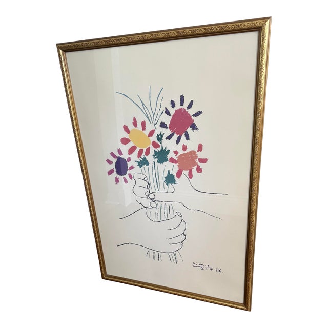 Pablo Picasso Vintage 1995 Modernist Lithograph Print Framed Poster " Bouquet of Peace " 1958 For Sale