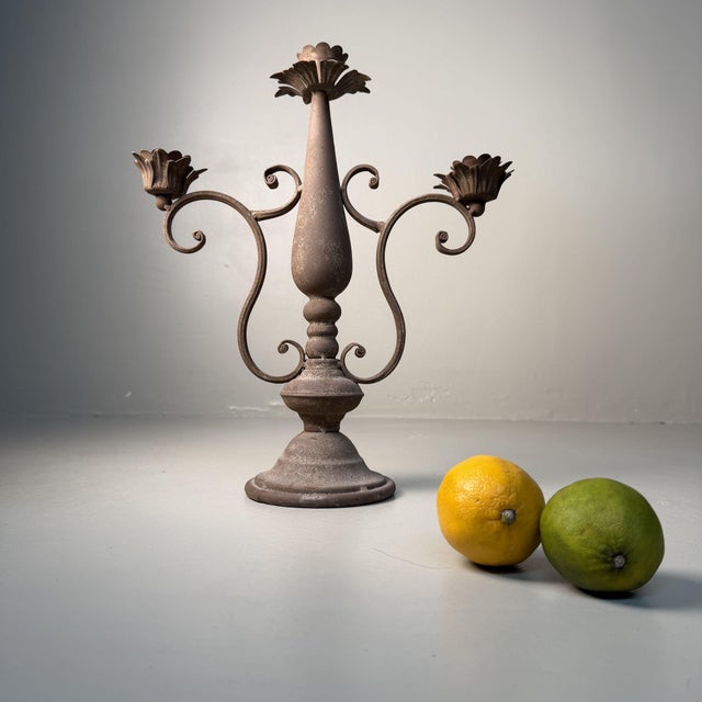 Floral Metal 3-Arm Candelabra, Calabria, Italy, 1910s For Sale - Image 3 of 10