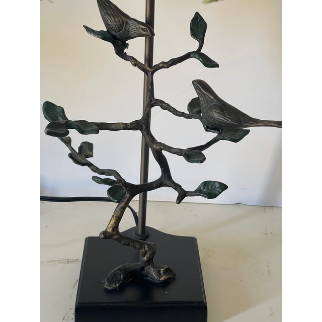 1970 bronze birds on brunch table lamp with original shade with fringes. Some small spots due to age on the shade.