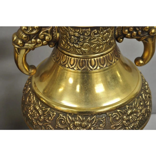 Vintage Brass Chinese Jardinière Elephant Handle Oriental Table Lamps - A Pair For Sale - Image 11 of 12
