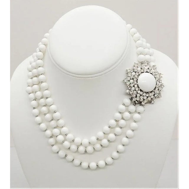 Modern Vintage 1950s Signed Crown Trifari Beaded Rhinestone Necklace/Detachable Brooch For Sale - Image 3 of 12