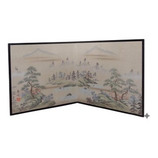 Rare Vintage Japanese Two Panel Landscape Folding Screen For Sale