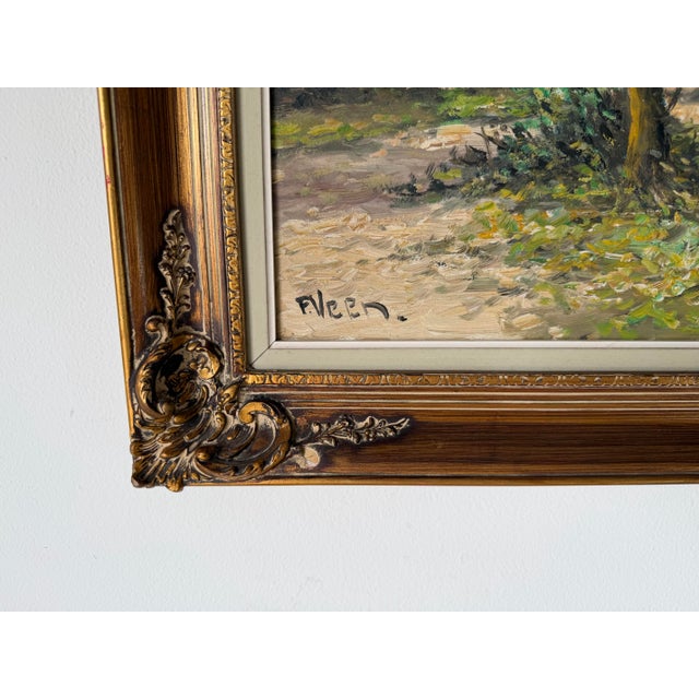 Vintage P. Veen European Countryside River Landscape Oil on Canvas Painting For Sale - Image 10 of 12