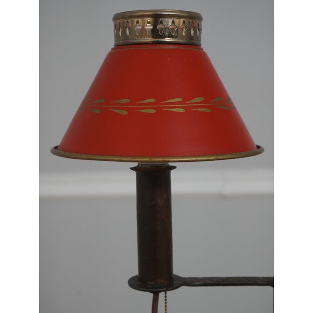 American 1930s Colonial Wrought Iron Tripod Adjustable Floor Lamp W. Tole Shade For Sale - Image 3 of 9
