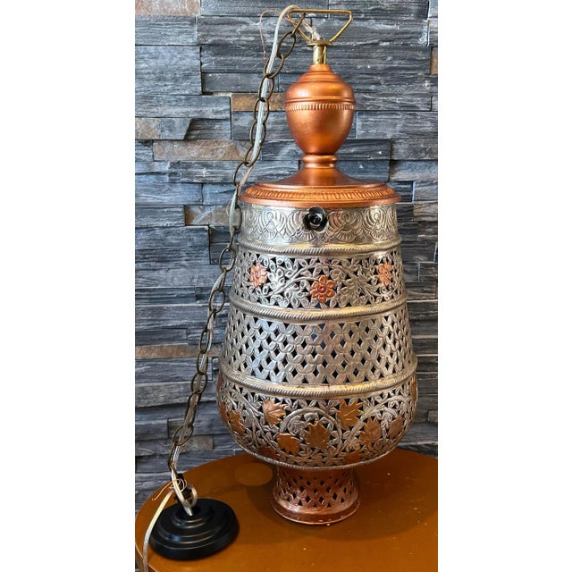 Vintage Silver Copper Toned Floral Perforated Metal Urn Pendant Lamp For Sale In New York - Image 6 of 13