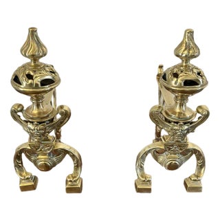 Antique Victorian Ornate Brass Fire Dogs, 1870s, Set of 2 For Sale