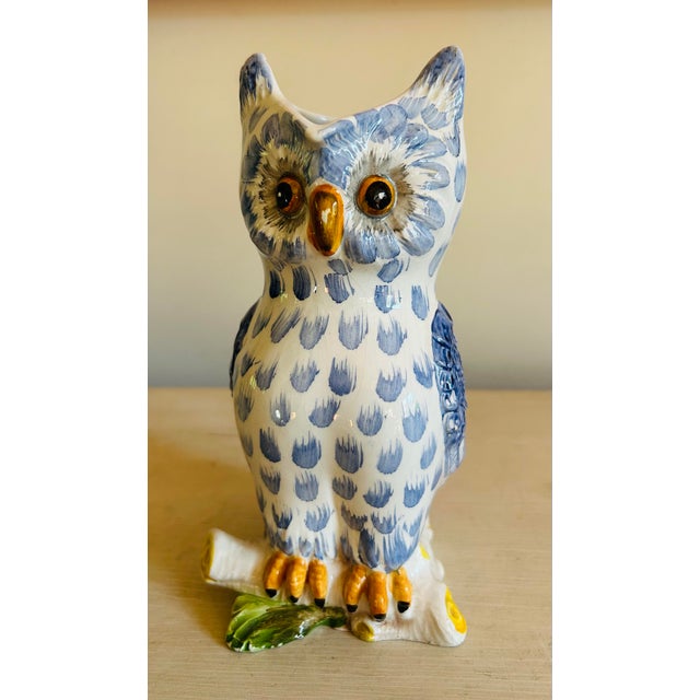 Figurative Vintage Mid Century Blue & White Hand Painted Ceramic Owl Pitcher For Sale - Image 3 of 11
