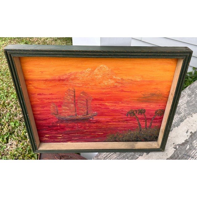Up for sale is a Vintage 1968 American Contemporary Style Chinese Junk Ship Seascape Framed Oil Painting on Canvas Board...