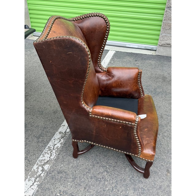 Vintage Barclay-Butera Brown Leather Wingback Chairs With Brass Nailhead Trim, a Pair For Sale - Image 10 of 12