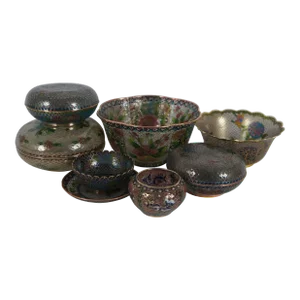 Antique Plique a Jour Enamel Floral Cloisonné Trinket Boxes Dishes Bowls- Set of 8