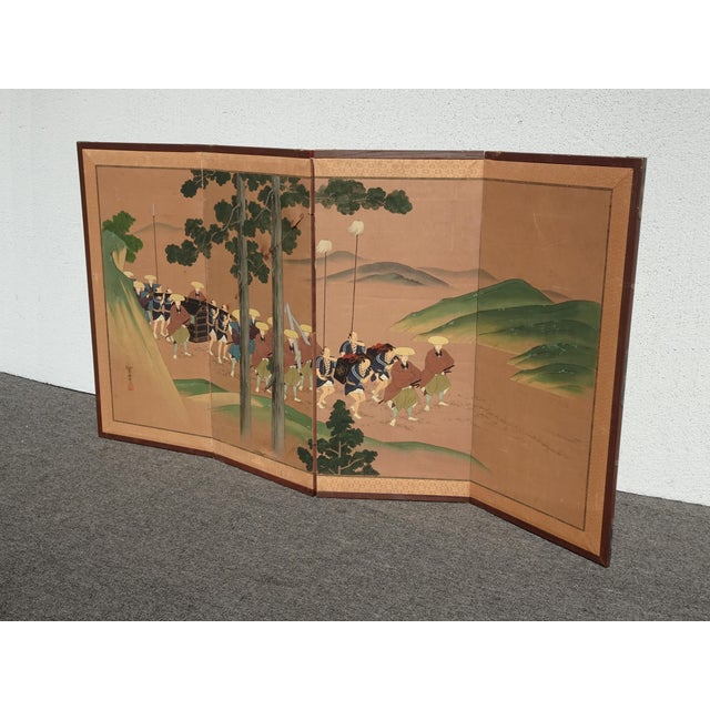 Vintage Japanese Byobu Four Panel Folding Screen Picture Caravan of Men Signed For Sale - Image 4 of 18