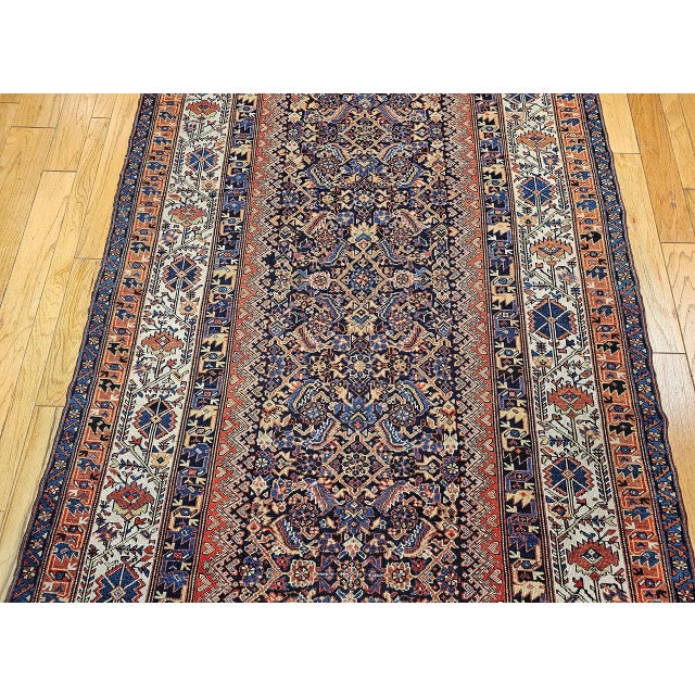 Antique Persian Malayer Gallery Rug, Hand-Knotted Wool, Geometric Pattern, 7x15, Navy & Ivory For Sale - Image 12 of 18