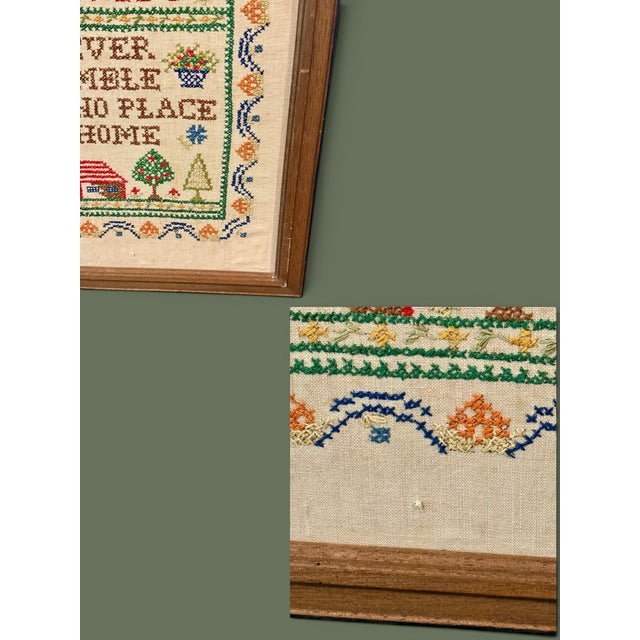 Vintage Framed Cross Stitch Sampler-Primitive-Folk Art-Needlework-Alphabet-Farm For Sale - Image 9 of 11