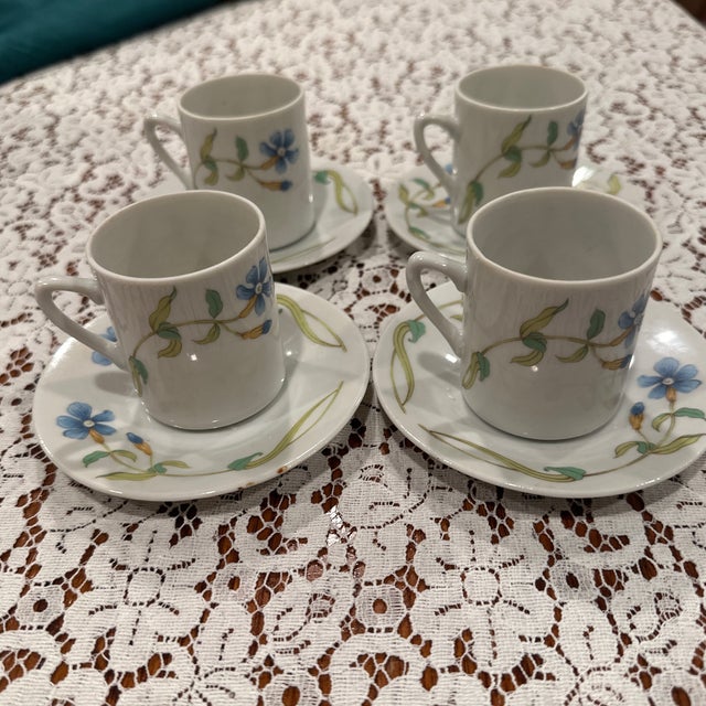 Vintage beautiful Tuscany Fine China Tahoe, Japan Demitasse Teacups with matching saucers. Set 4 with beautiful blue green...