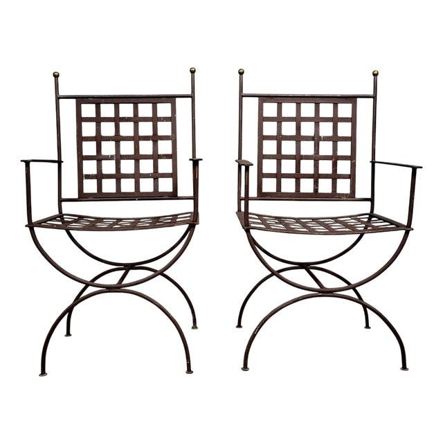 Curule Chairs in Woven Iron and Gilt Brass, Set of 2 For Sale