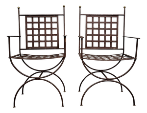 Curule Chairs in Woven Iron and Gilt Brass, Set of 2