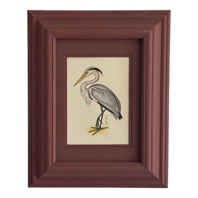 Original Hand-Painted Egret Painting in a Hand-Painted Frame For Sale
