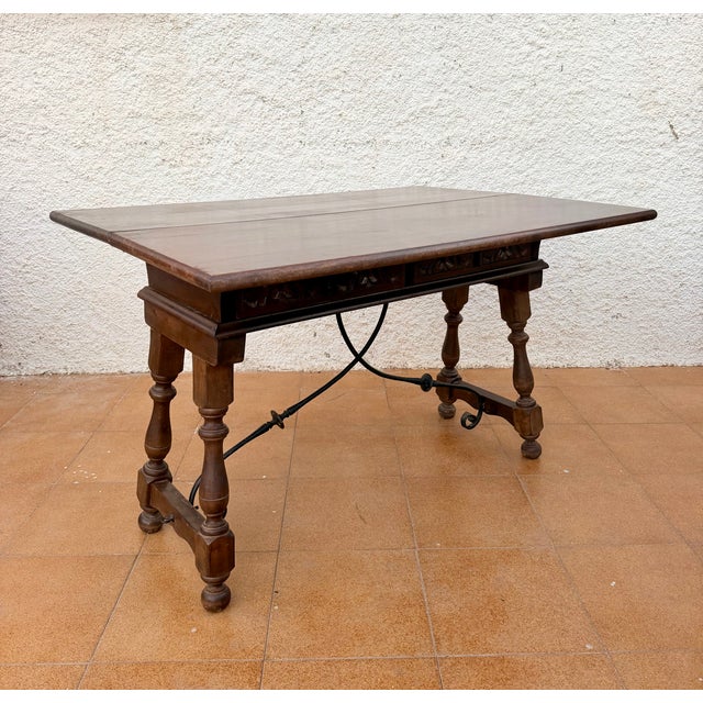 1940s Spanish Carved Wood Drop-Leaf Table With Iron Stretcher For Sale - Image 12 of 12