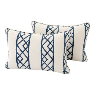 Pair of Kravet Blue Bamboo Lattice Lumbar Pillows For Sale