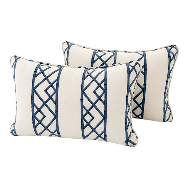 Pair of Kravet Blue Bamboo Lattice Lumbar Pillows For Sale