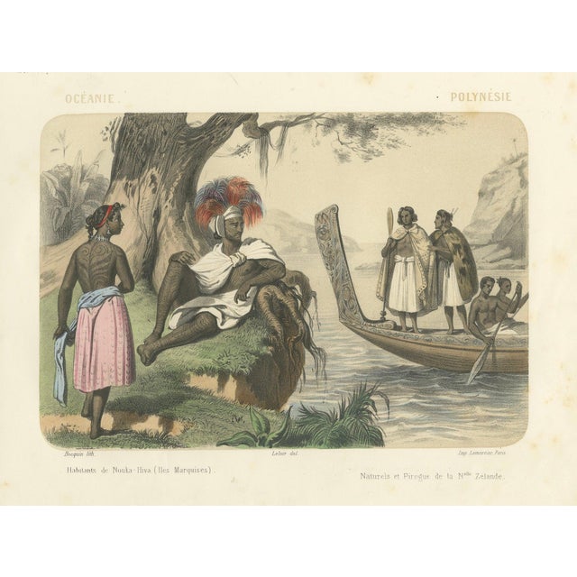 After Leloir, Polynesian and Maori Figures, Inhabitants of Nuku Hiva & New Zealand with Canoe, 1845, Lithograph For Sale