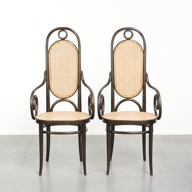 Vintage Long John High Back Armchairs in Curved Wood with Cane Seats from Thonet, Set of 2 For Sale - Image 13 of 13