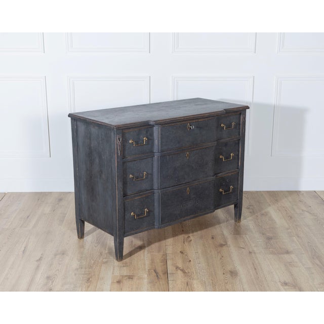 Black Gustavian Style Chest of Drawers in Black with Brass Hardware and Carved Details For Sale - Image 8 of 11