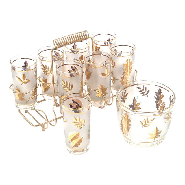 1960s Libbey Golden Foliage Drink Carrier, Ice Bucket and 8 Glasses For Sale