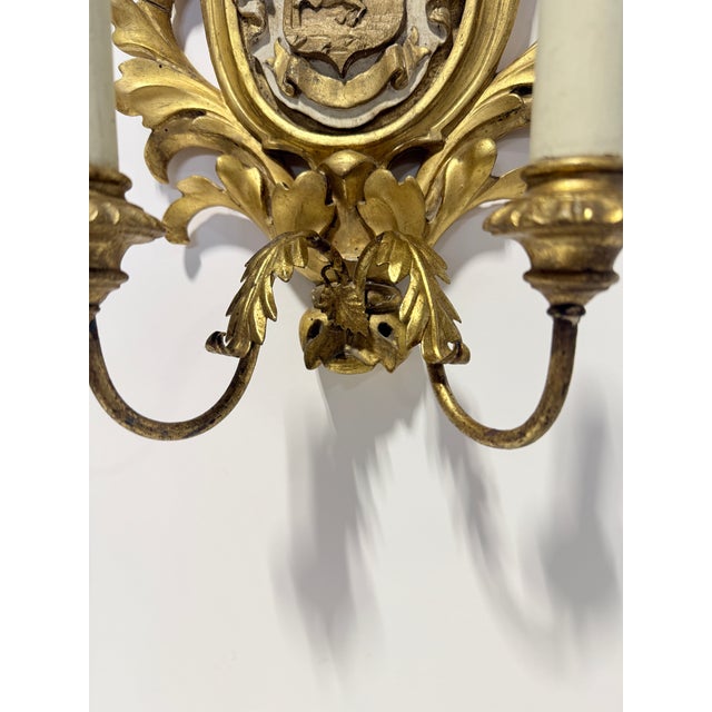 Mid 19th Century French Rococo Giltwood Armorial Two-Light Wall Sconces, 19th Century For Sale - Image 5 of 9