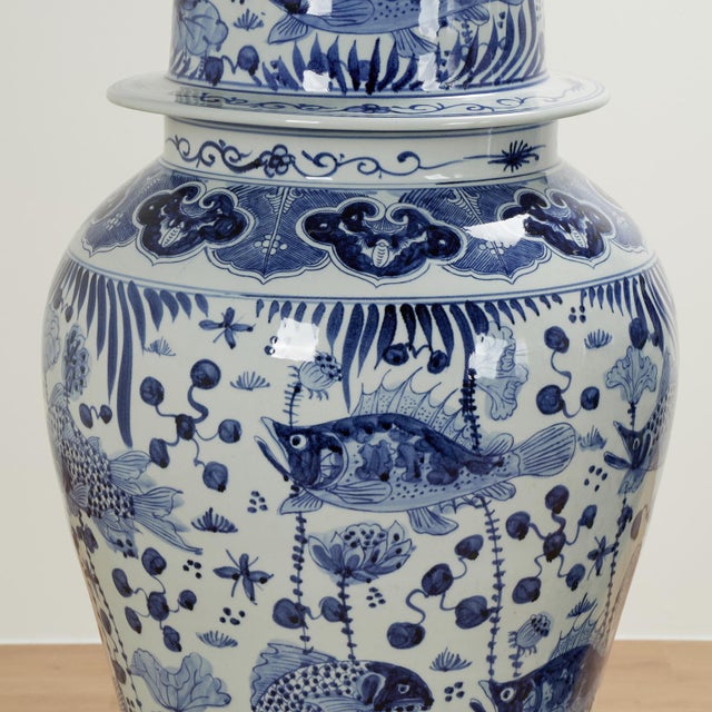 Large Pair of Chinese Blue and White Porcelain Lidded Urns For Sale - Image 4 of 13