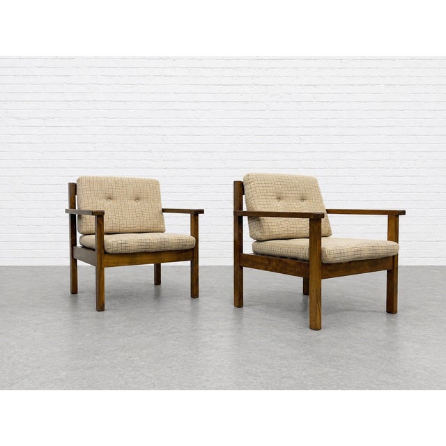 Brown Pair - Mid Century Modern Lounge Chairs | Solid Wood Frame Armchairs | Vintage Upholstered Walnut Chairs, C. 1960’s For Sale - Image 8 of 13