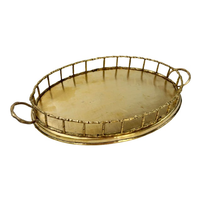 Vintage Oval Brass Faux Bamboo Gallery Rail Tray For Sale