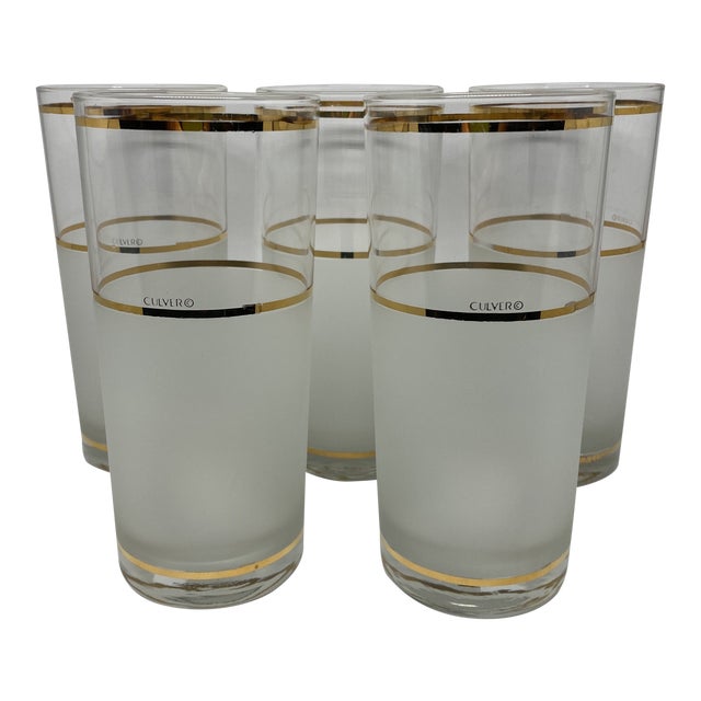 Vintage Culver Frosted and Clear Glass Drinking Glasses With Gold Trim