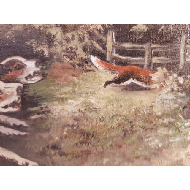 English 1920 Oil Painting Dogs and Fox Hunt Scene Signed For Sale - Image 3 of 10
