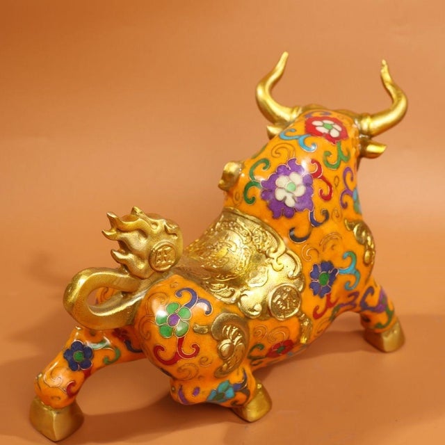 Yellow Late 20th Century Gilt Bronze Cloisonné Enamel Ox Figure With Coin Motif For Sale - Image 8 of 9