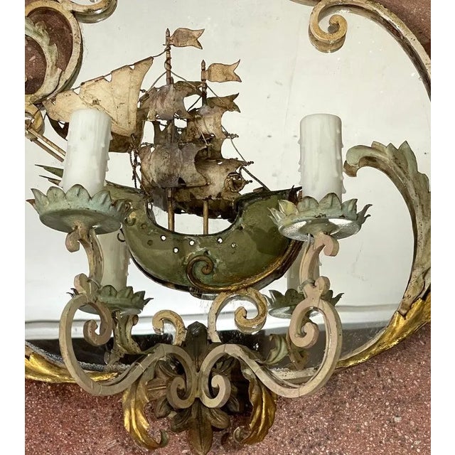 A Antique Venetian Tole & Mirrored Ship Motif Sconces - a Pair For Sale - Image 9 of 11
