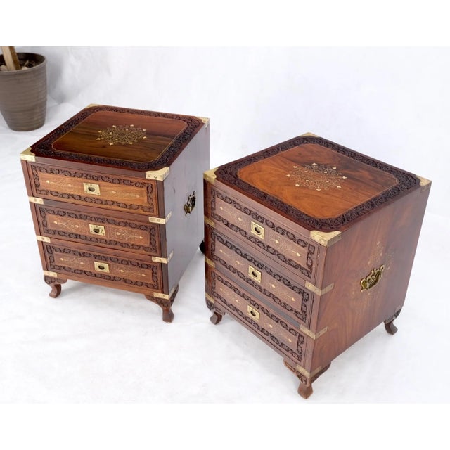 Pair 3 Drawer Solid Rosewood Campaign Style Brass Inlay Decorated Night Stands For Sale - Image 13 of 13