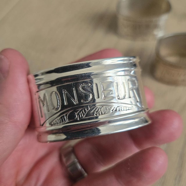 1930s Vintage Madame & Monsieur 2" French Silverplated Napkin Rings For Sale - Image 5 of 6