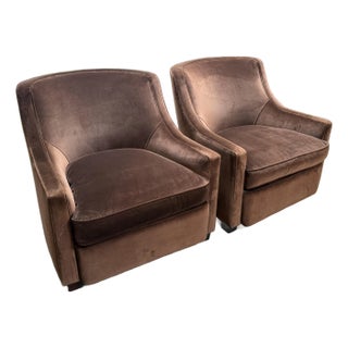 Custom Design Slope Arm Velvet Club Chairs, Pair For Sale