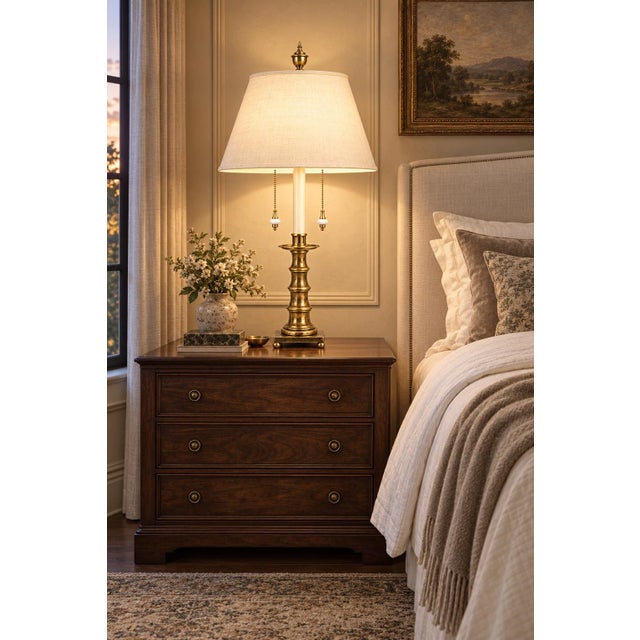 Metal Vintage Monumental Stiffel Neoclassical Brass Dual-Light Table Lamp With Ivory Linen Shade For Sale - Image 7 of 8