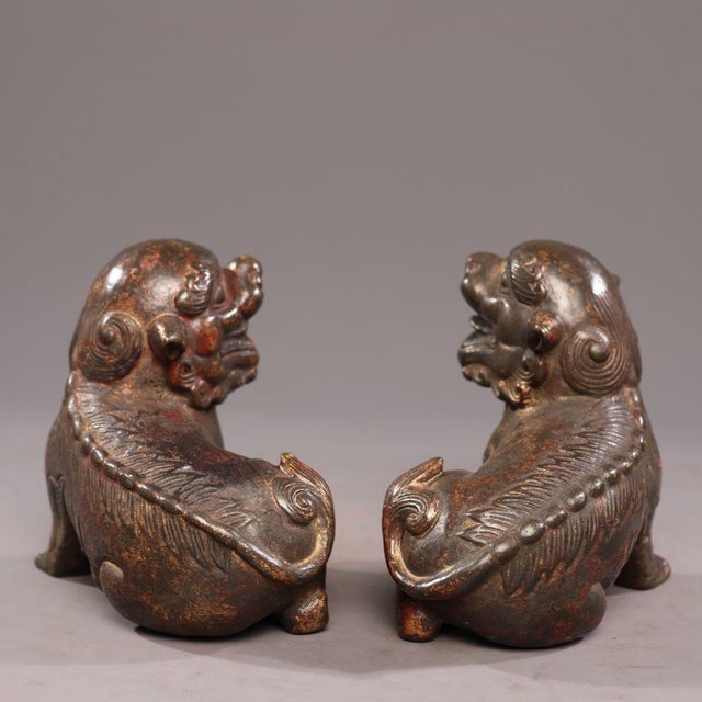 Pair of Antique Gilt Bronze Pixiu Statues, Mythical Beast Figures, 1.37kg For Sale - Image 4 of 9