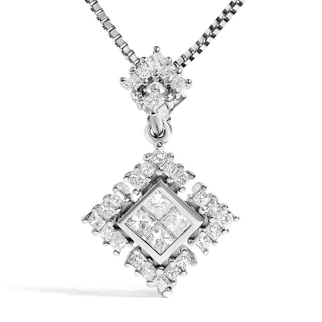 Contemporary 10K White Gold Princess Cut Diamond Geometric Pendant Necklace For Sale - Image 3 of 4
