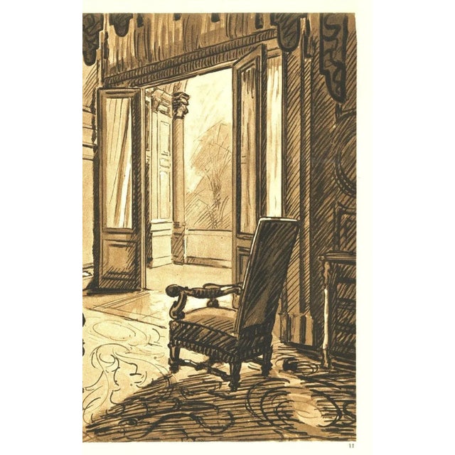 French 1925 French Antique Sitting Room Interior Lithograph, Matted For Sale - Image 3 of 4