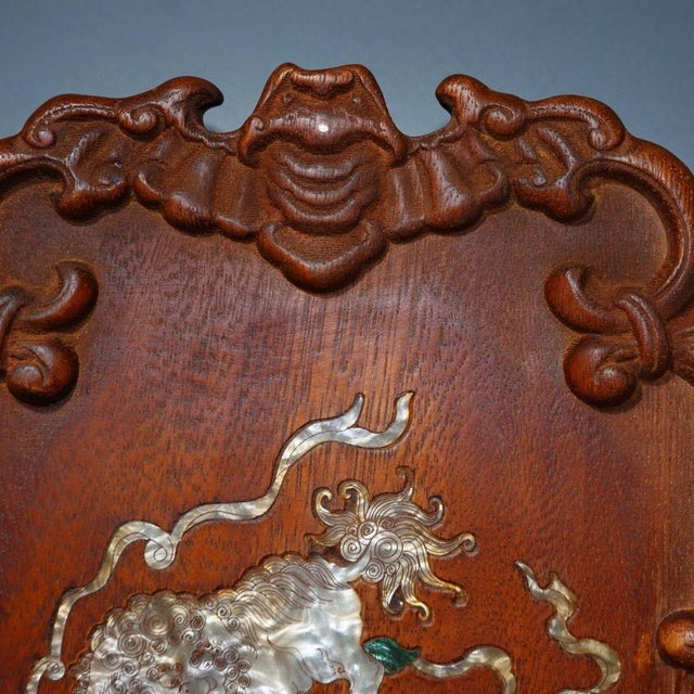 Vintage Chinese Huali Rosewood Mother-of-Pearl Inlaid "Qilin & Brocade Ball" Carved Tea Tray For Sale In Los Angeles - Image 6 of 9