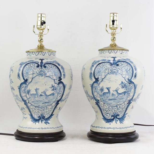 Pair of Vintage Hand Painted Blue and Cream Ceramic Table Lamps With Deer and Floral Folk Art Design For Sale - Image 14 of 14