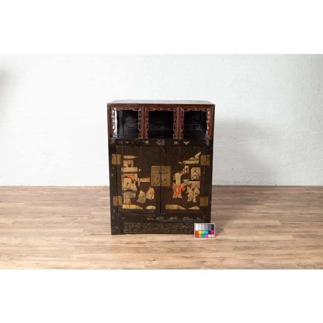 Antique Chinese Display Cabinet with Hand Painted Chinoiserie and Open Shelf For Sale - Image 9 of 13