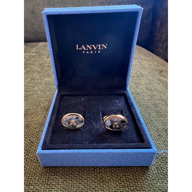 Metal "LANVIN" Vintage Cufflinks Labradorite Stone Gold Plate, Original Case, Circa 80 For Sale - Image 7 of 18